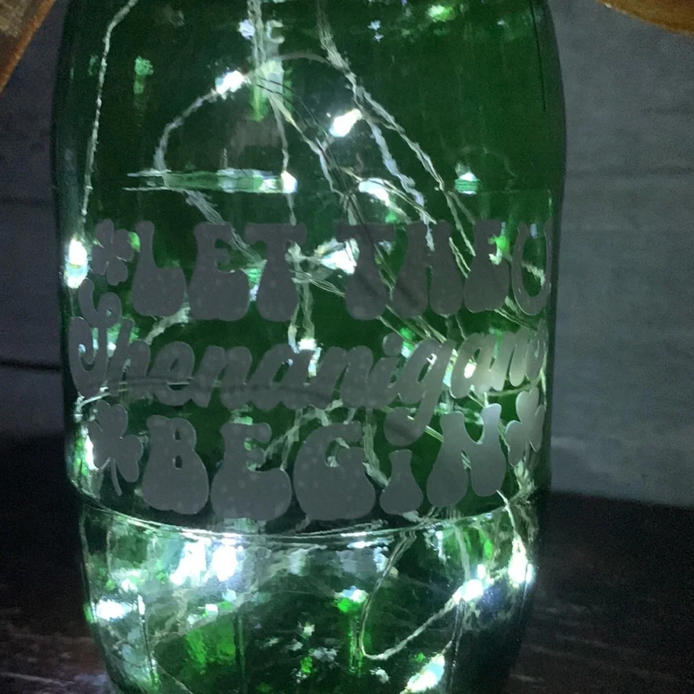 Hand Crafted- ‘Let the Shenanigans Begin’ Green barrel solar lantern